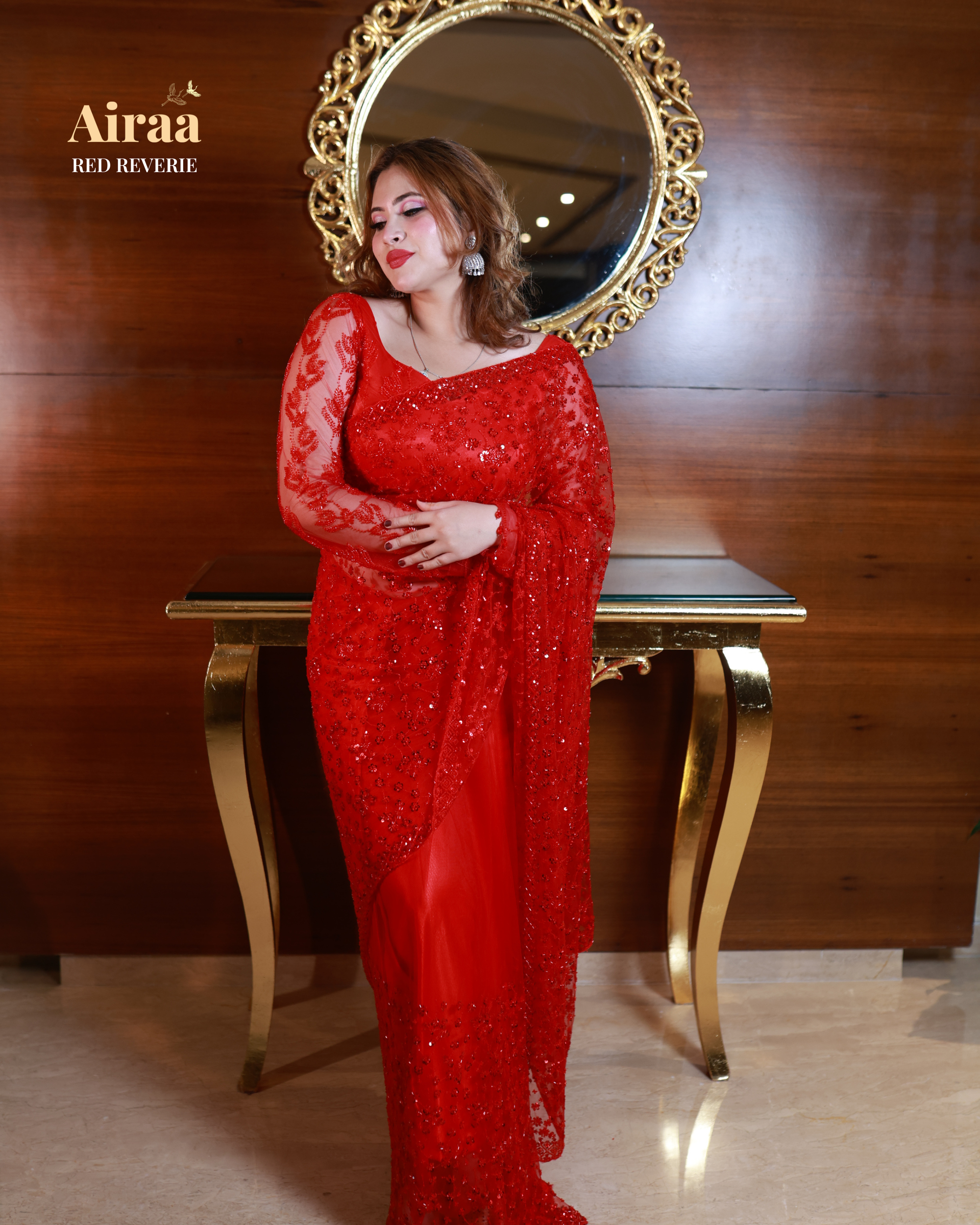 Red Reverie – Handcrafted Sequin Pre-Draped Saree from the Airaa Collection