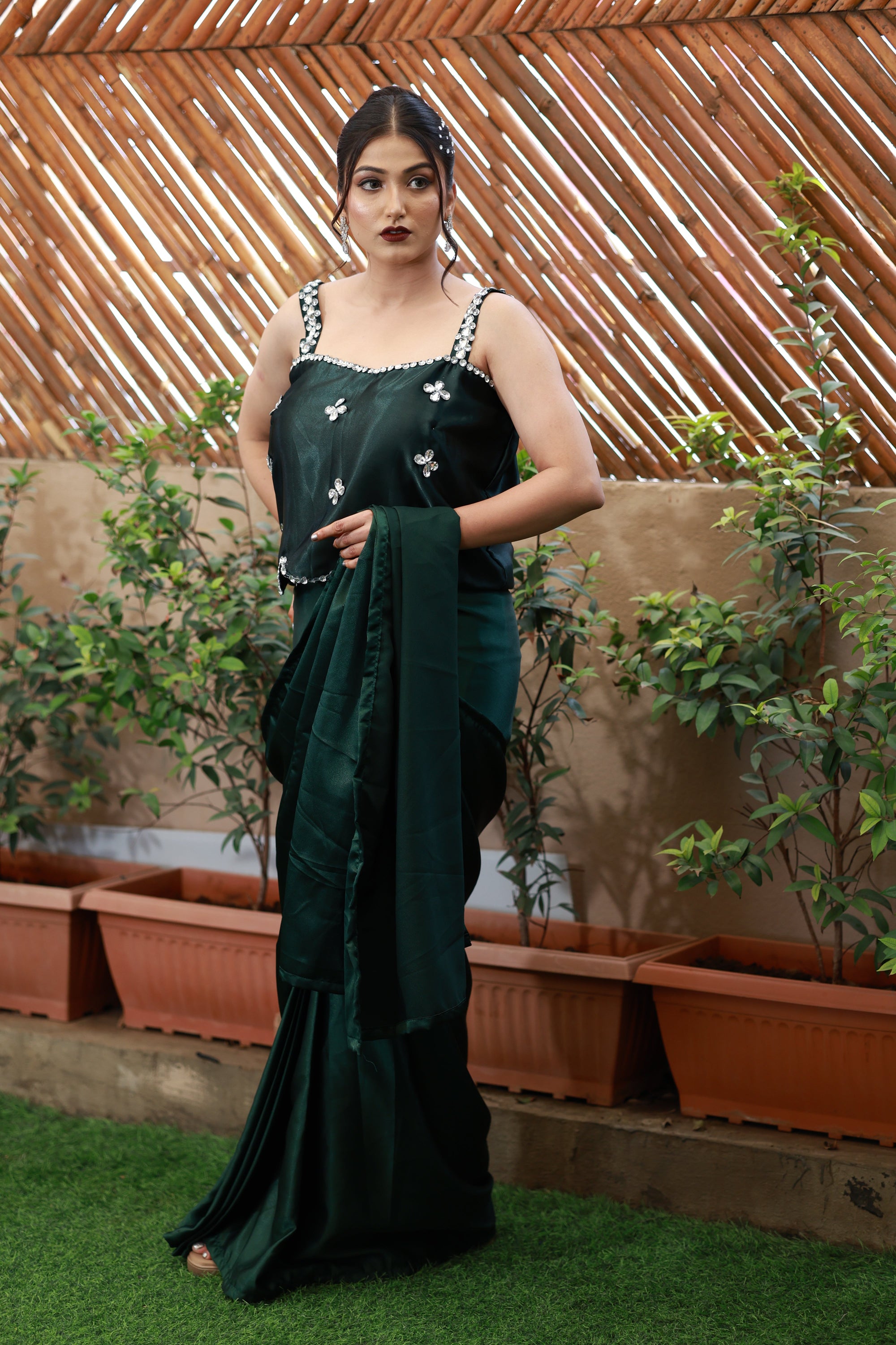 Emerald Poise – Satin Drape Ensemble from the Emperia Collection