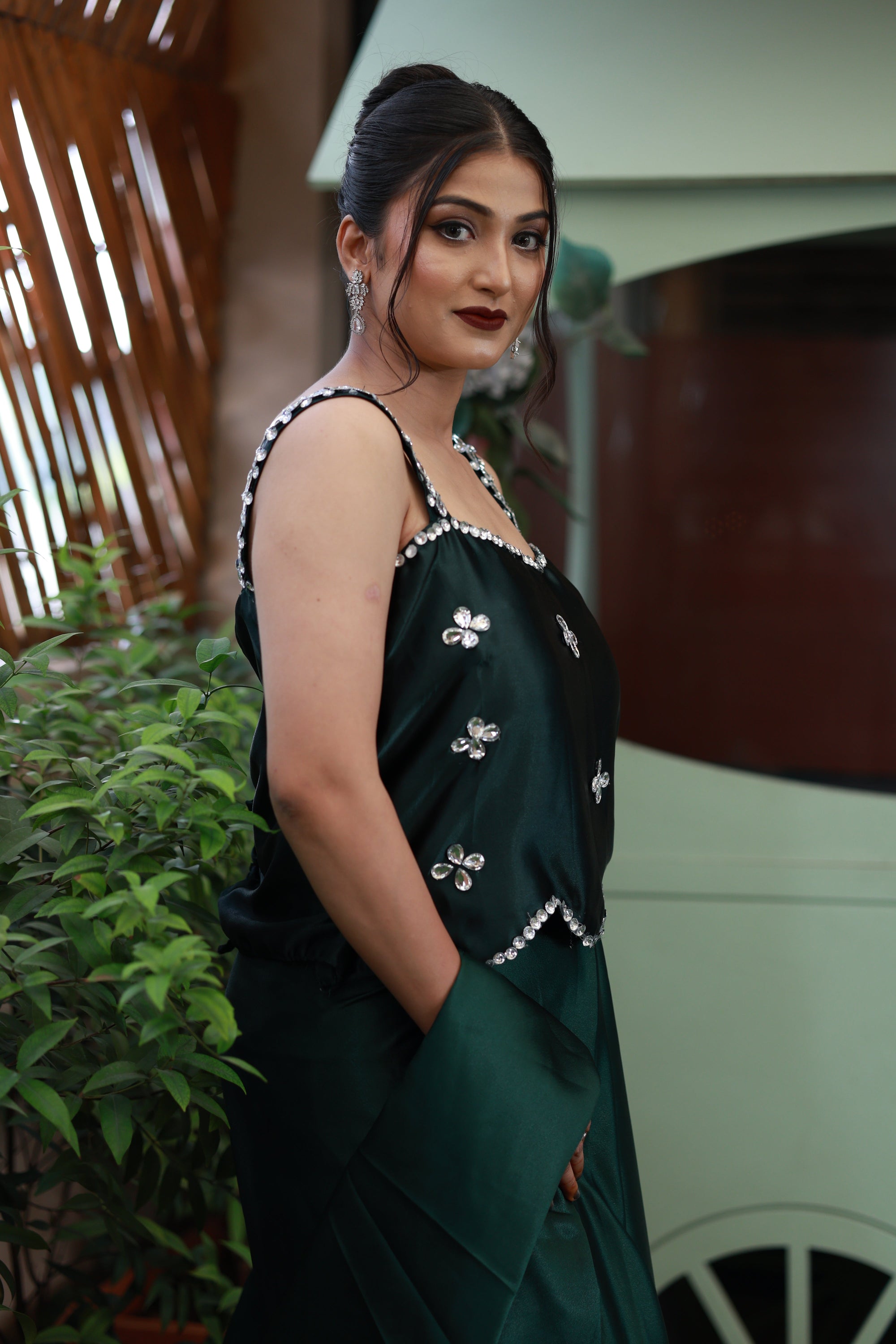 Emerald Poise – Satin Drape Ensemble from the Emperia Collection
