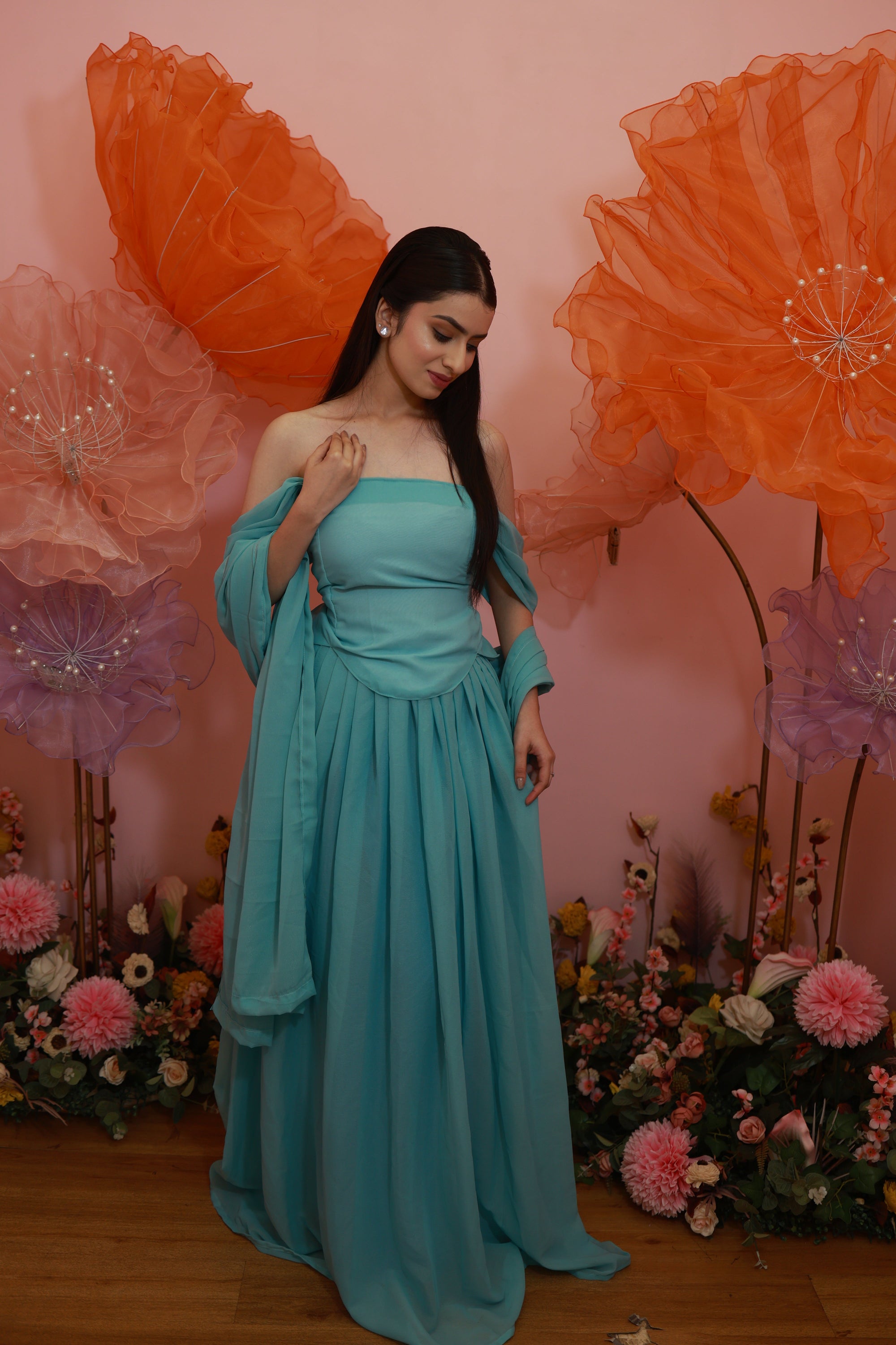 Aqua Blossom Gown – Soft Off-Shoulder Flowy Set (Emperia Collection)