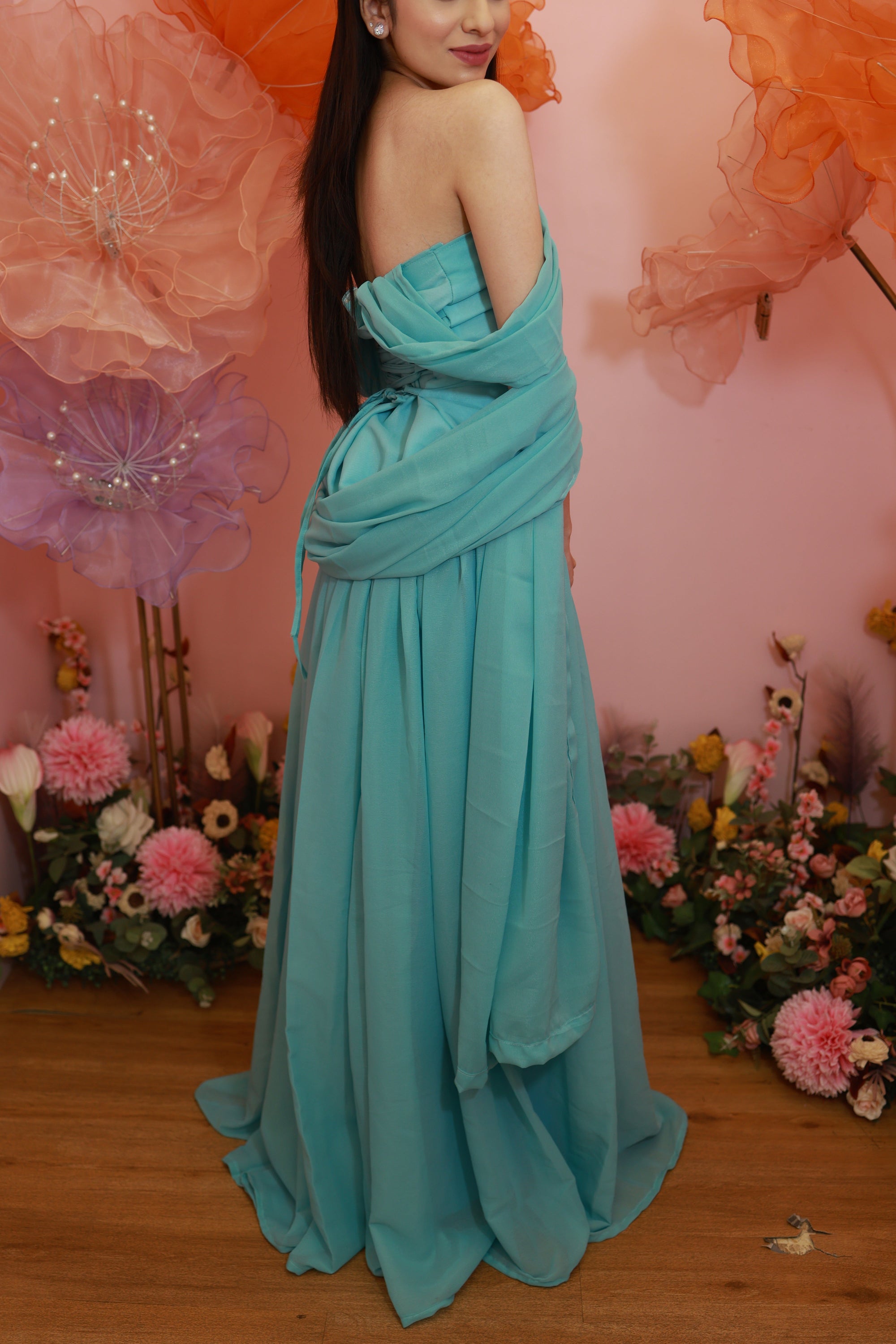 Aqua Blossom Gown – Soft Off-Shoulder Flowy Set (Emperia Collection)