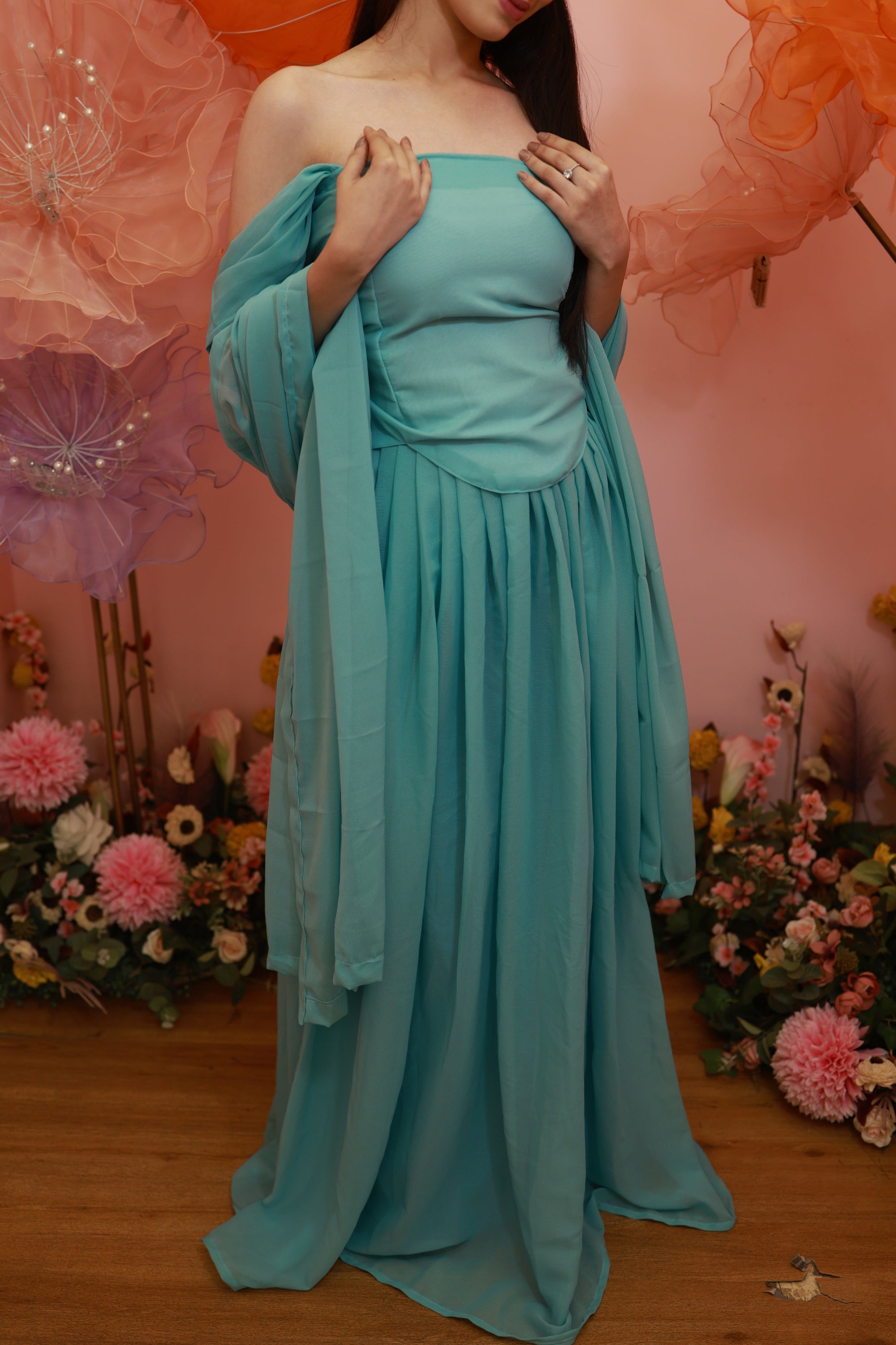 Aqua Blossom Gown – Soft Off-Shoulder Flowy Set (Emperia Collection)