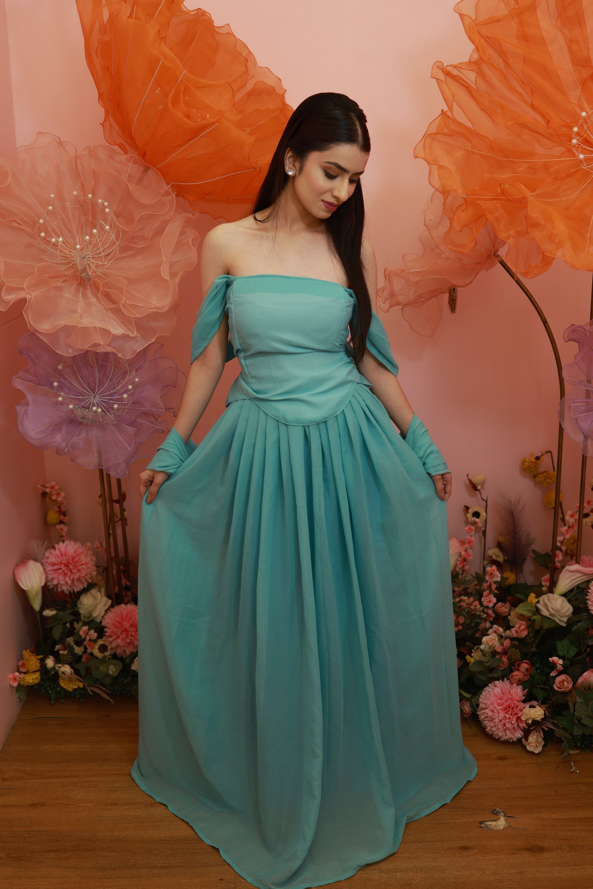 Aqua Blossom Gown – Soft Off-Shoulder Flowy Set (Emperia Collection)