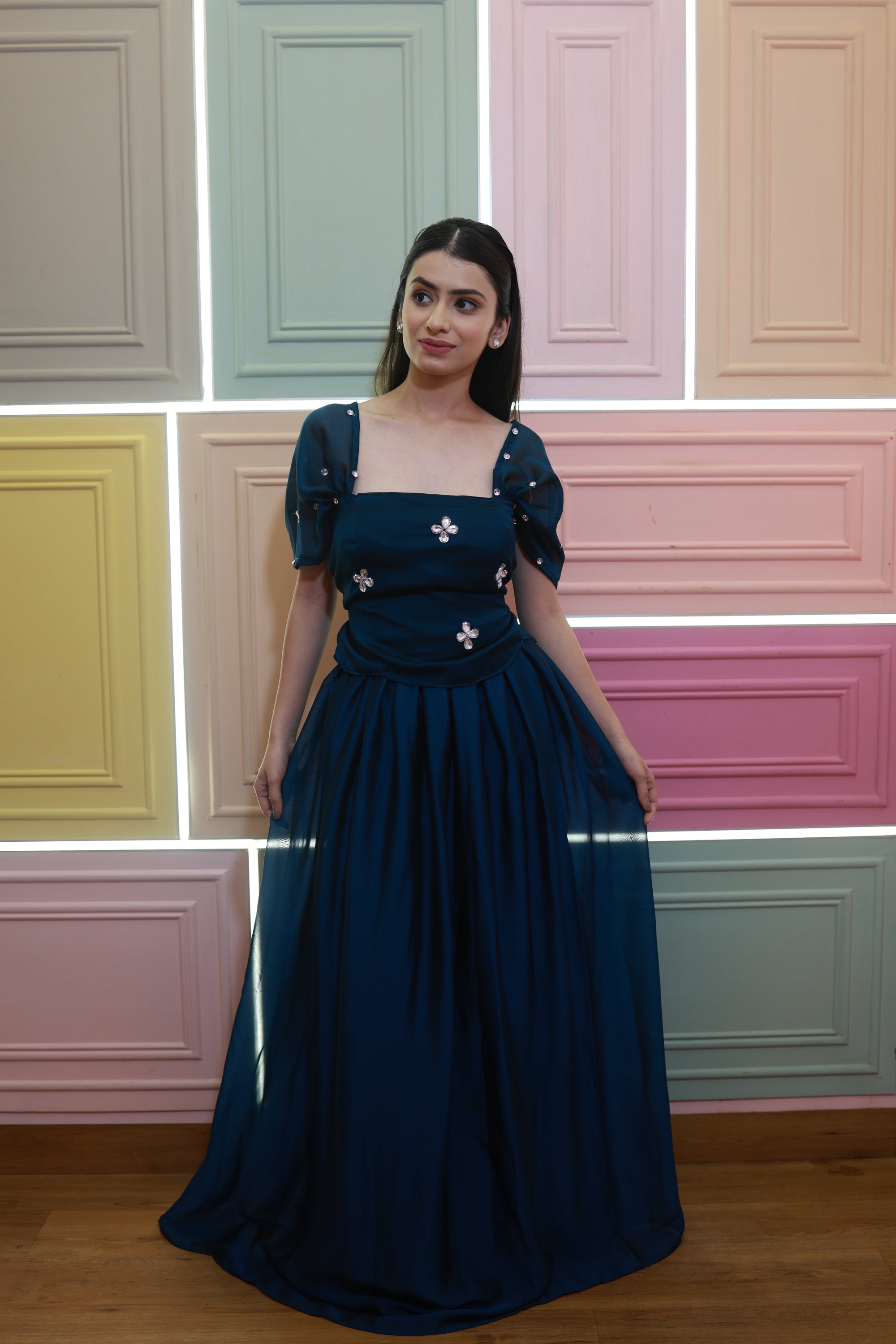 Midnight Dew – Navy Blue Flow Gown Set (Emperia Collection)