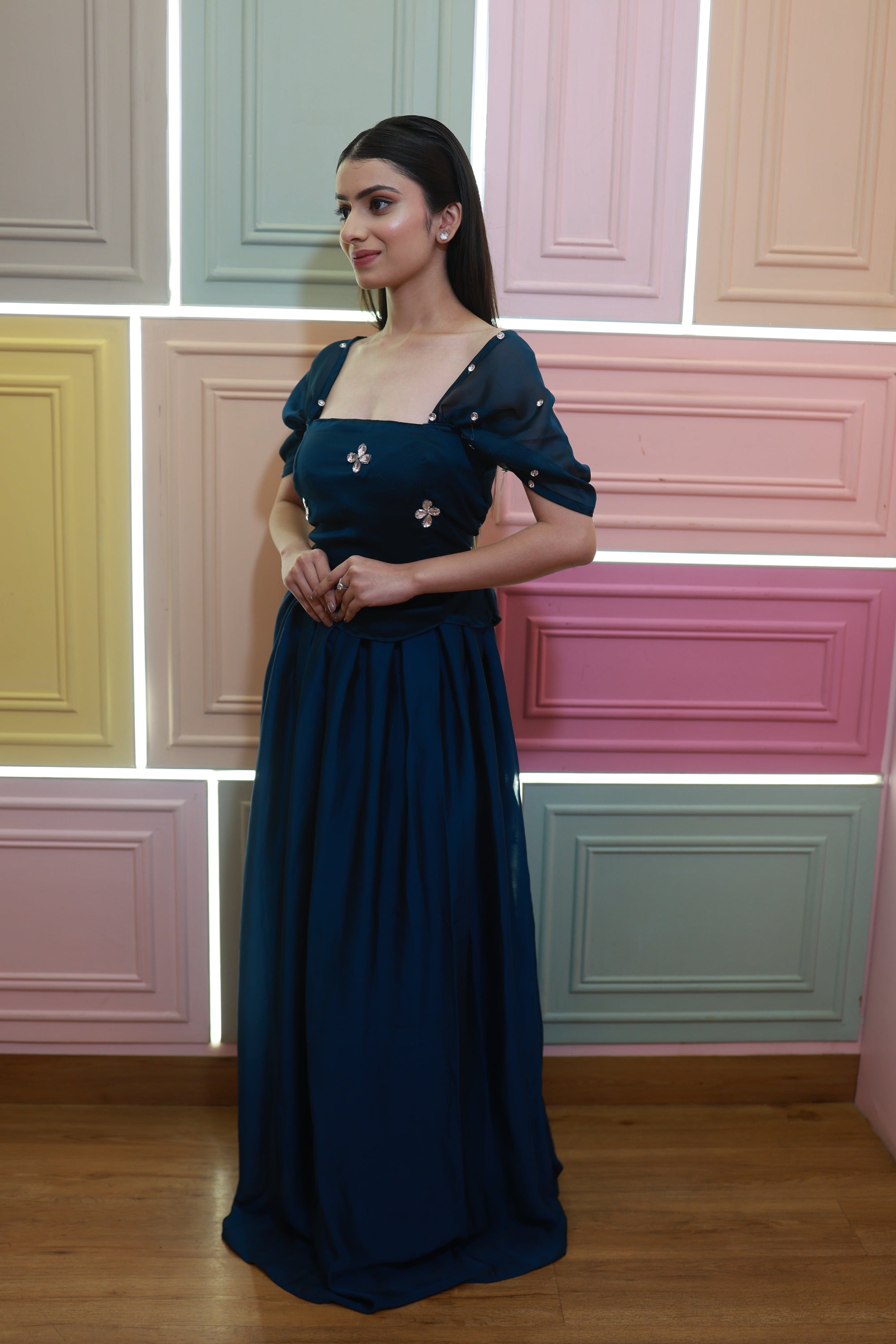 Midnight Dew – Navy Blue Flow Gown Set (Emperia Collection)