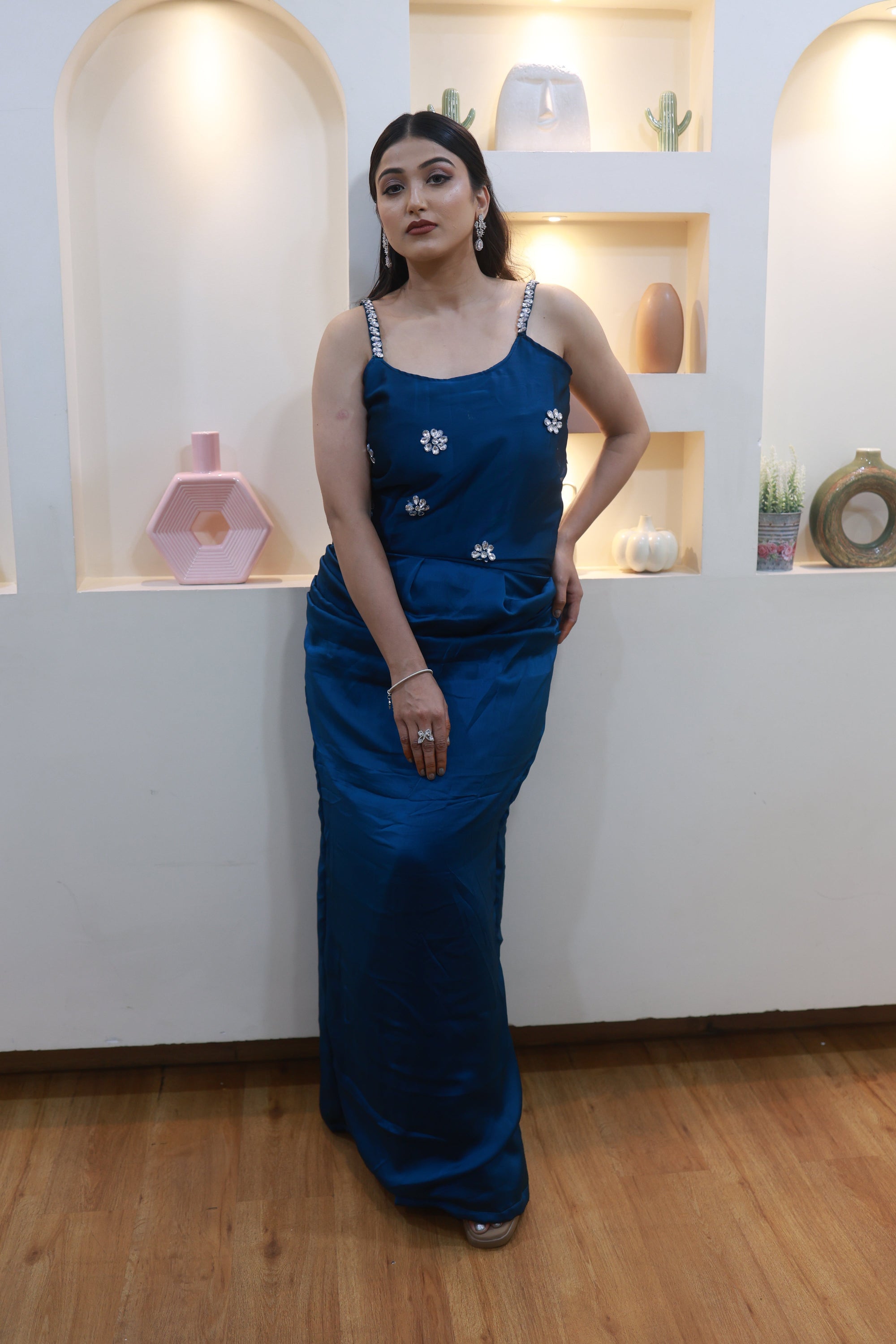 Sapphire Bloom – Elegant Blue Satin Ensemble (Emperia Collection)