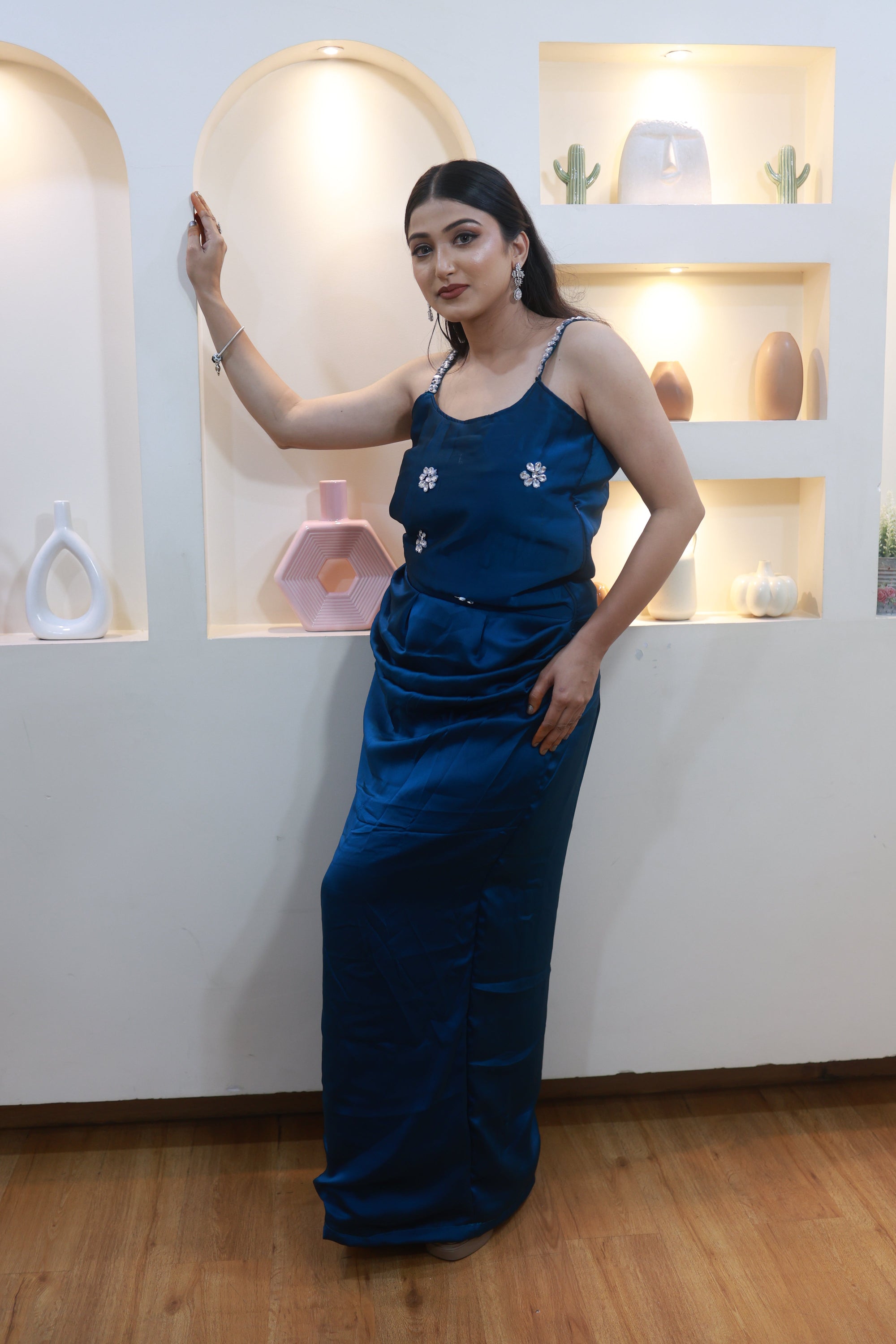 Sapphire Bloom – Elegant Blue Satin Ensemble (Emperia Collection)