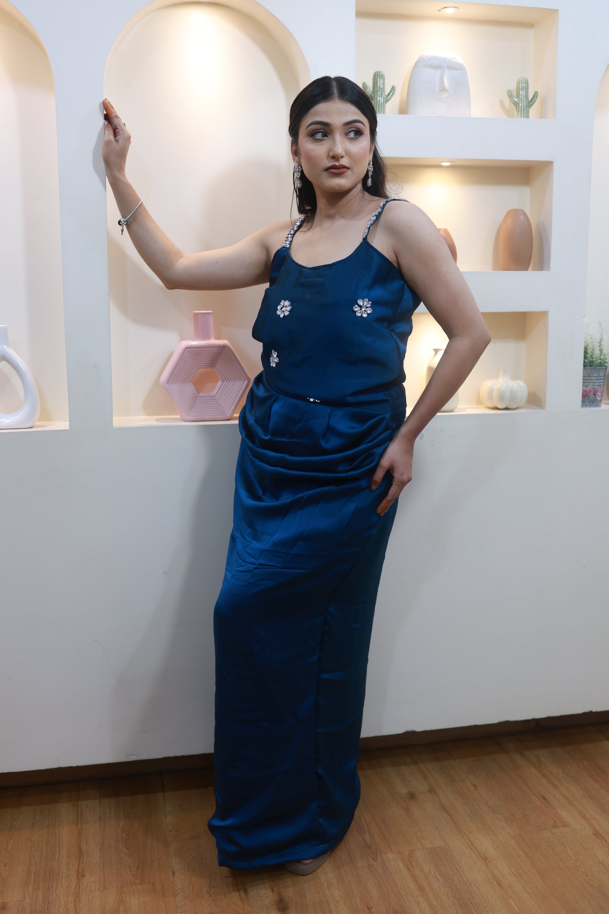 Sapphire Bloom – Elegant Blue Satin Ensemble (Emperia Collection)