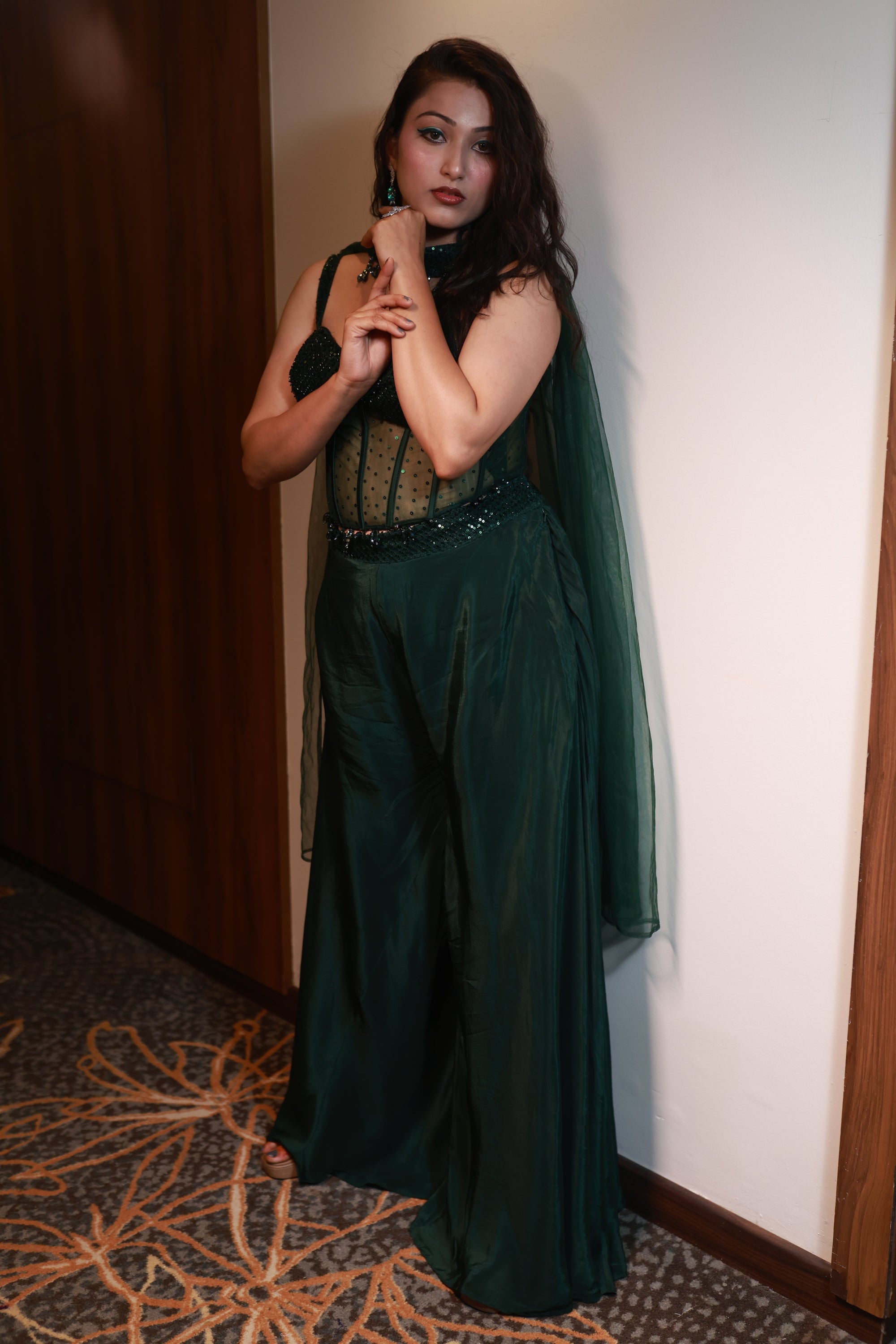 Mystic Meadow – Handcrafted Emerald Corset Jumpsuit