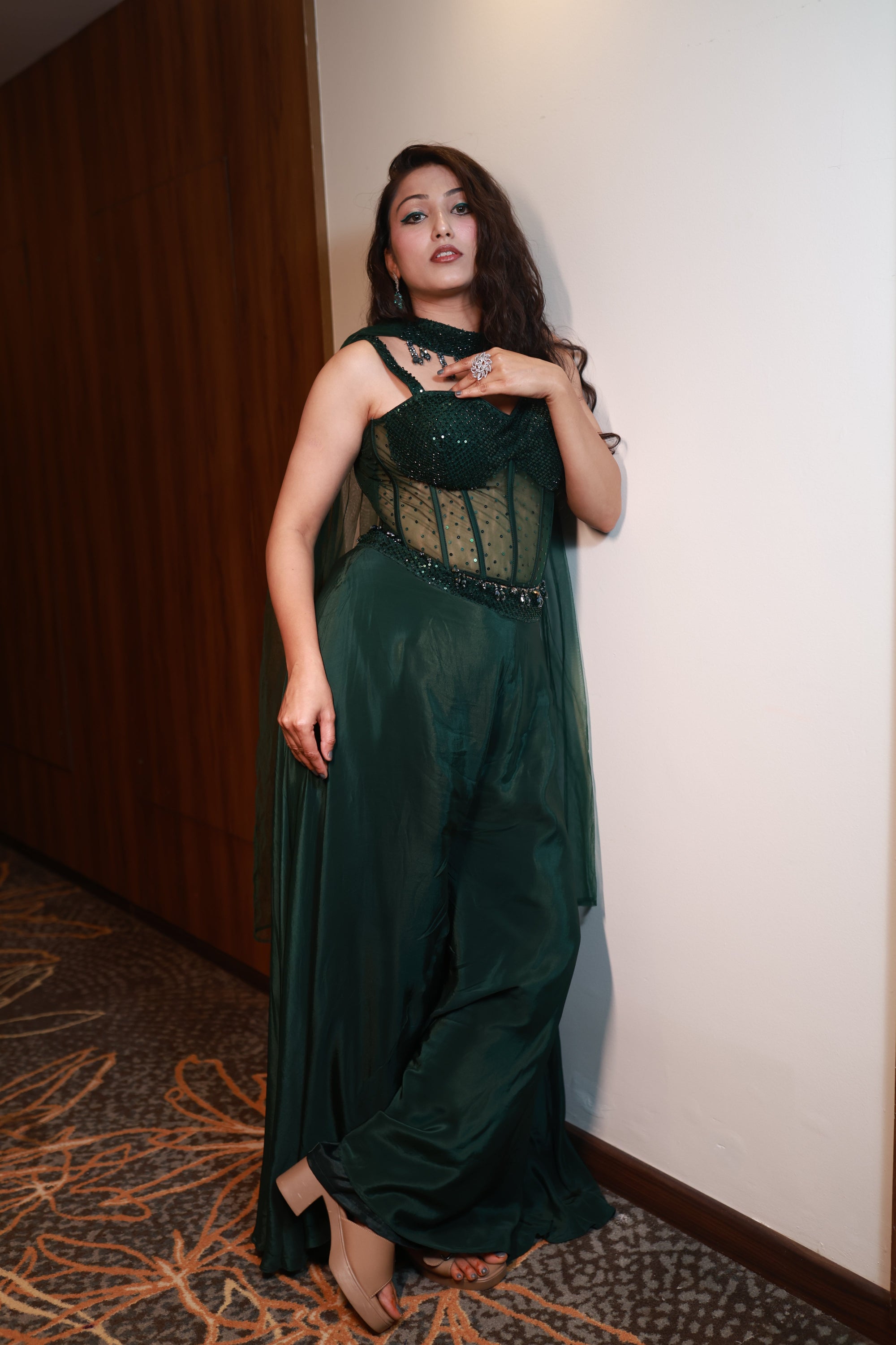 Mystic Meadow – Handcrafted Emerald Corset Jumpsuit