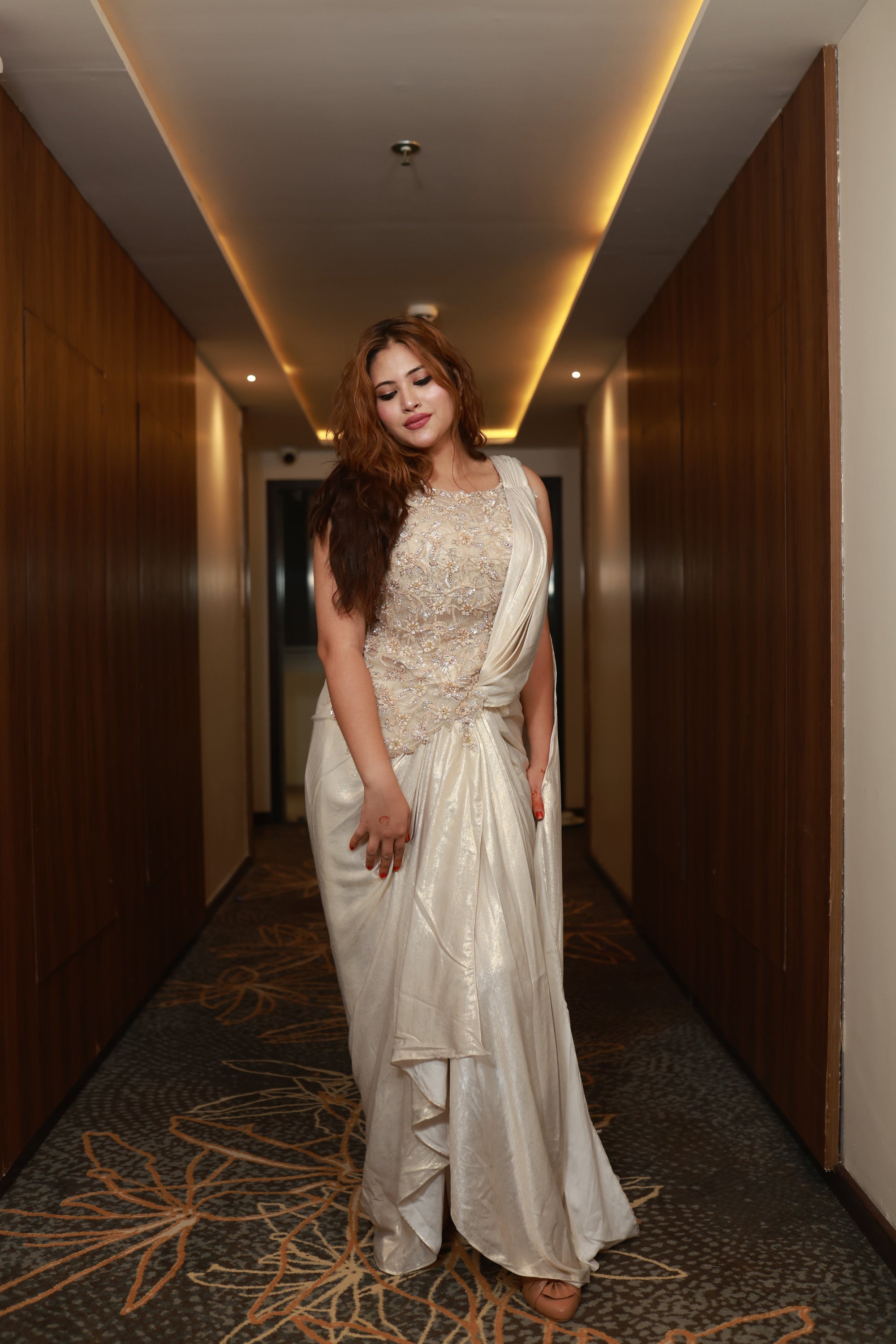 Ethereal Dawn – Ivory Embellished Drape Gown
