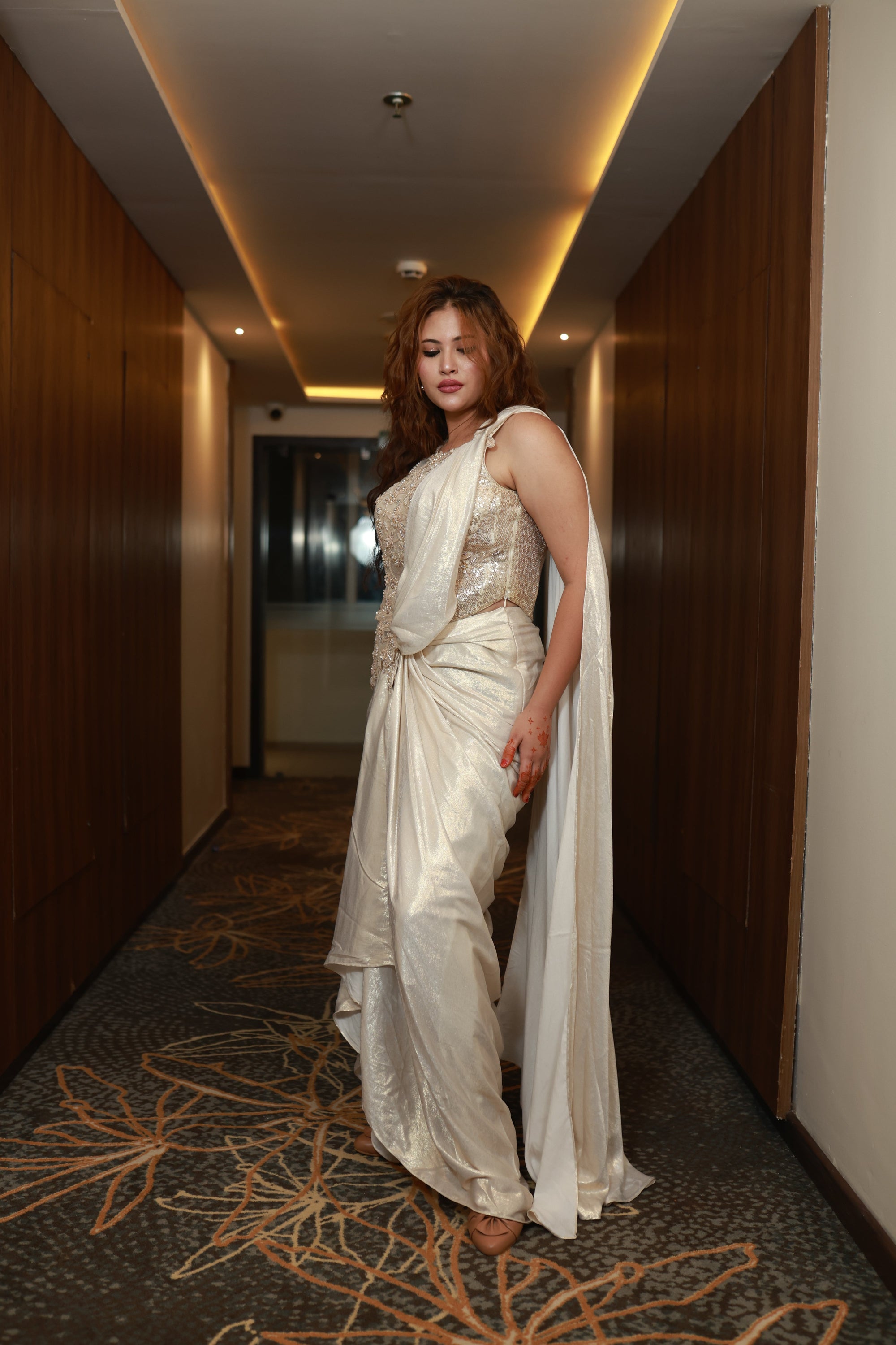 Ethereal Dawn – Ivory Embellished Drape Gown