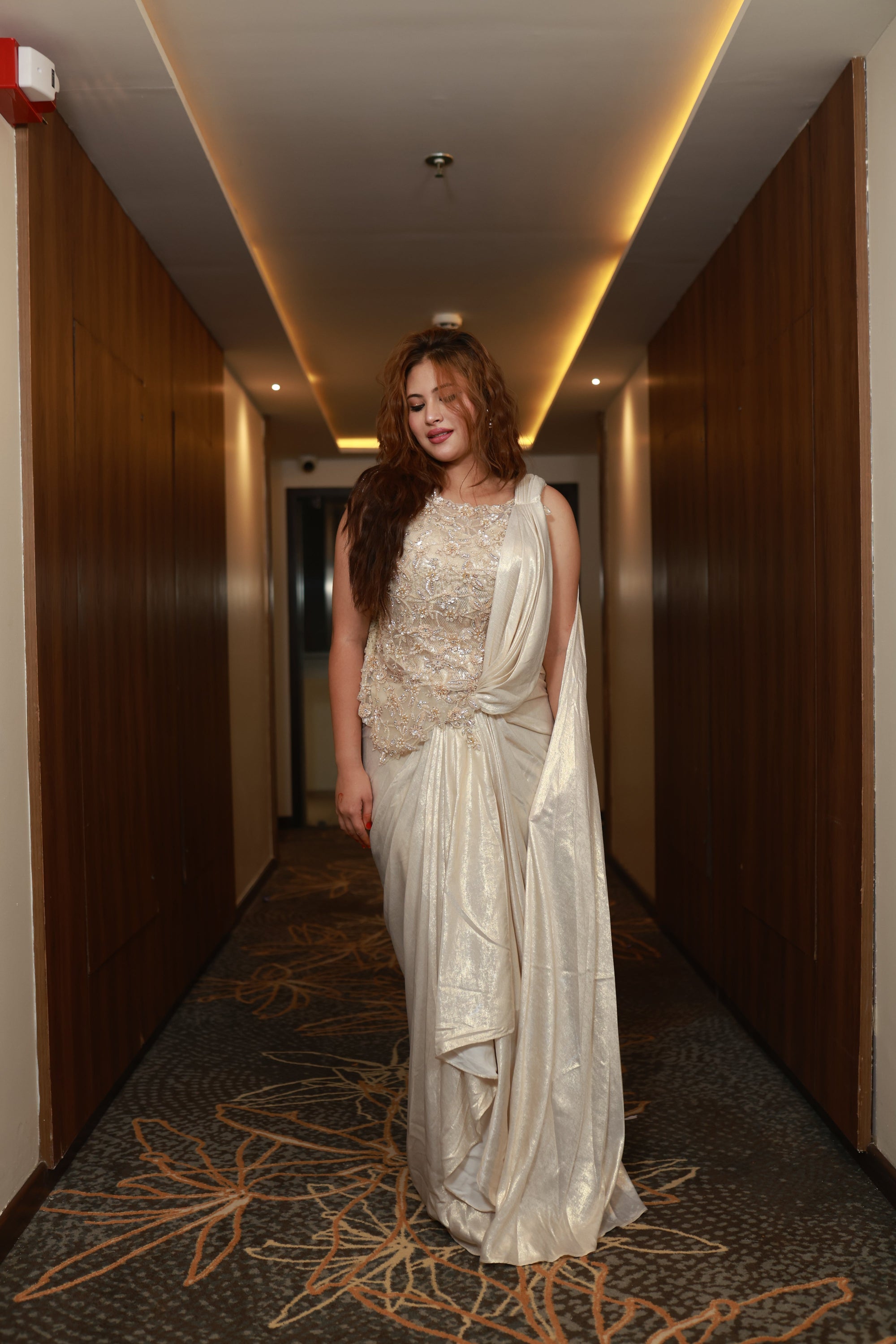 Ethereal Dawn – Ivory Embellished Drape Gown