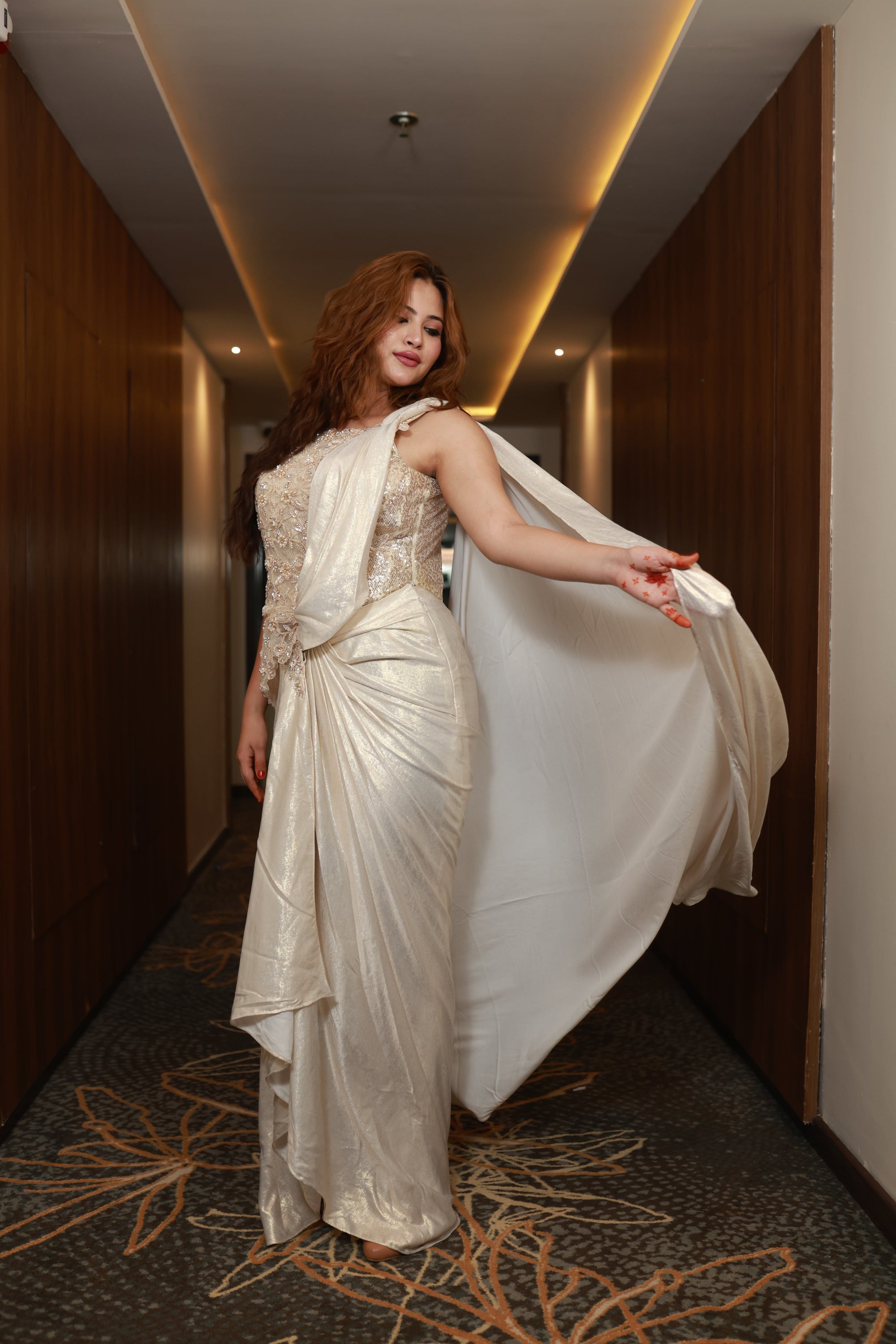 Ethereal Dawn – Ivory Embellished Drape Gown