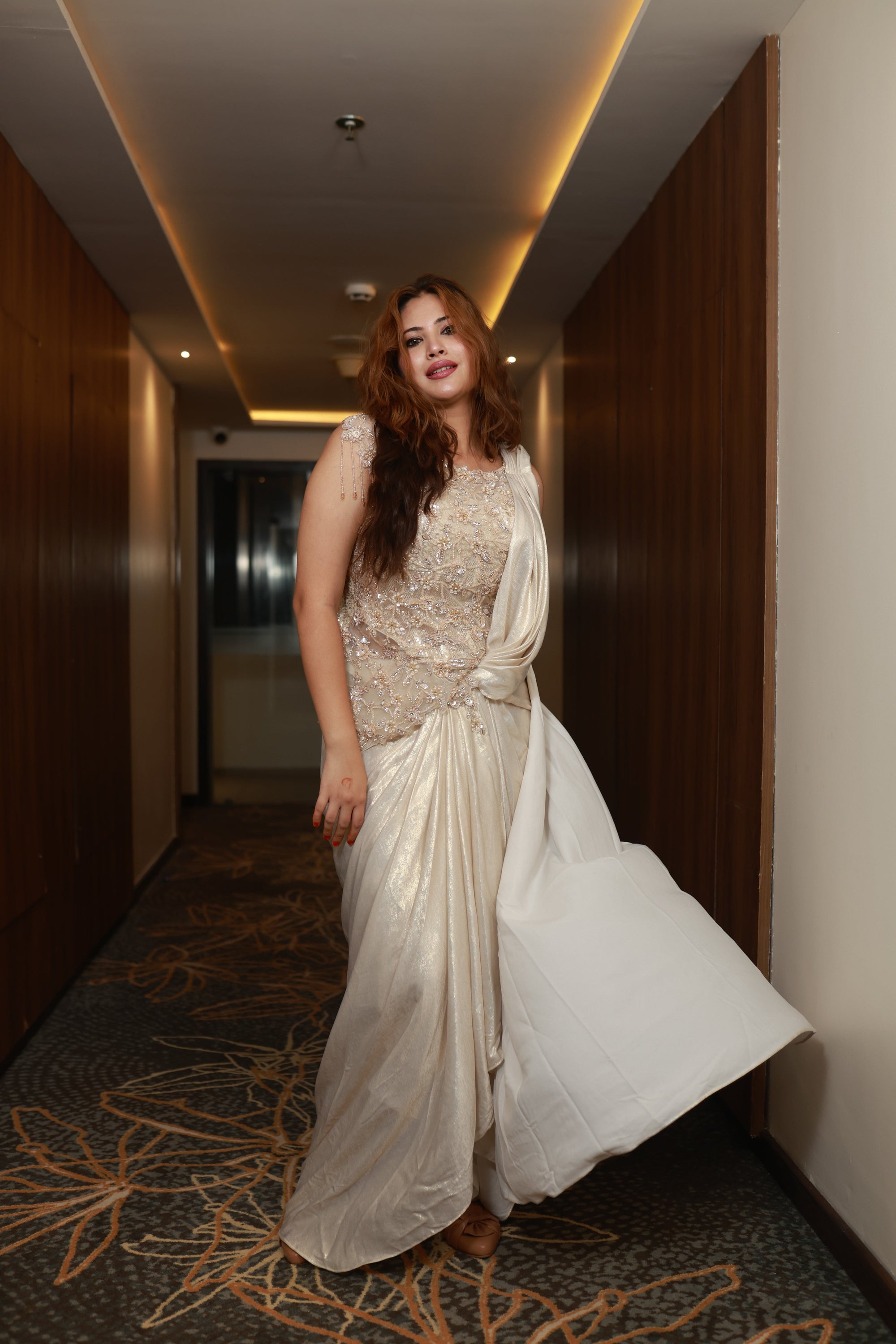 Ethereal Dawn – Ivory Embellished Drape Gown