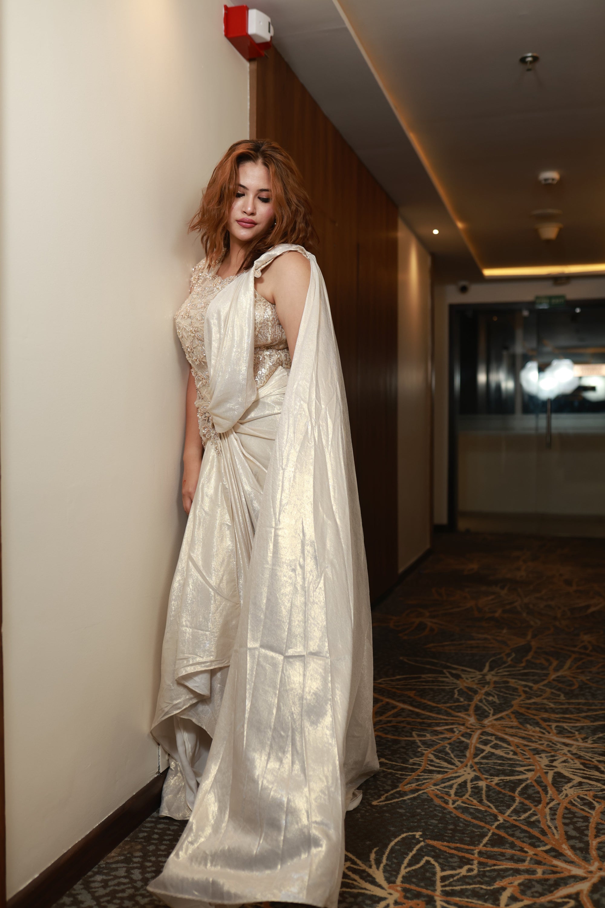 Ethereal Dawn – Ivory Embellished Drape Gown
