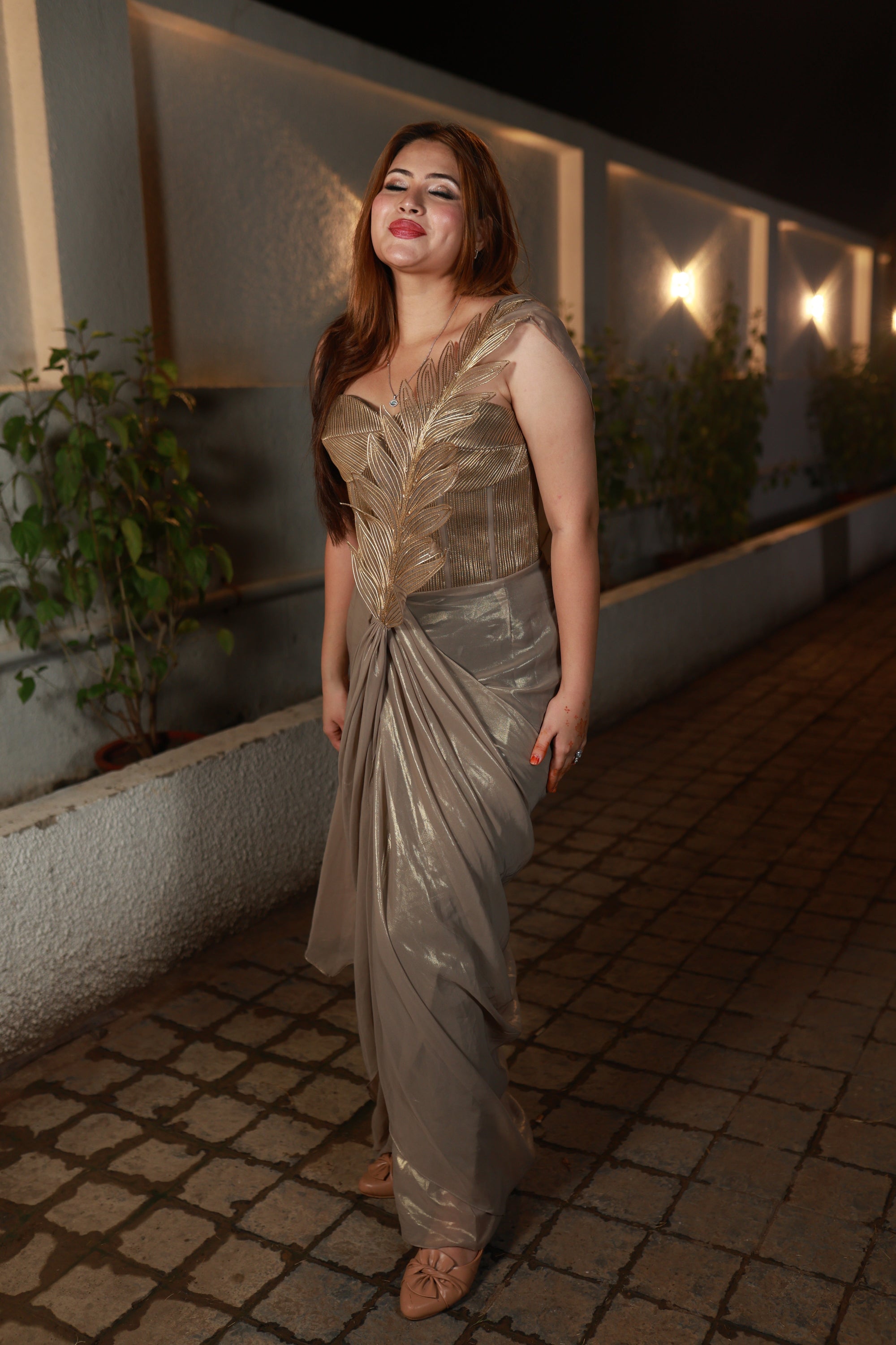 Golden Mirage – Sculpted Metallic Drape Gown