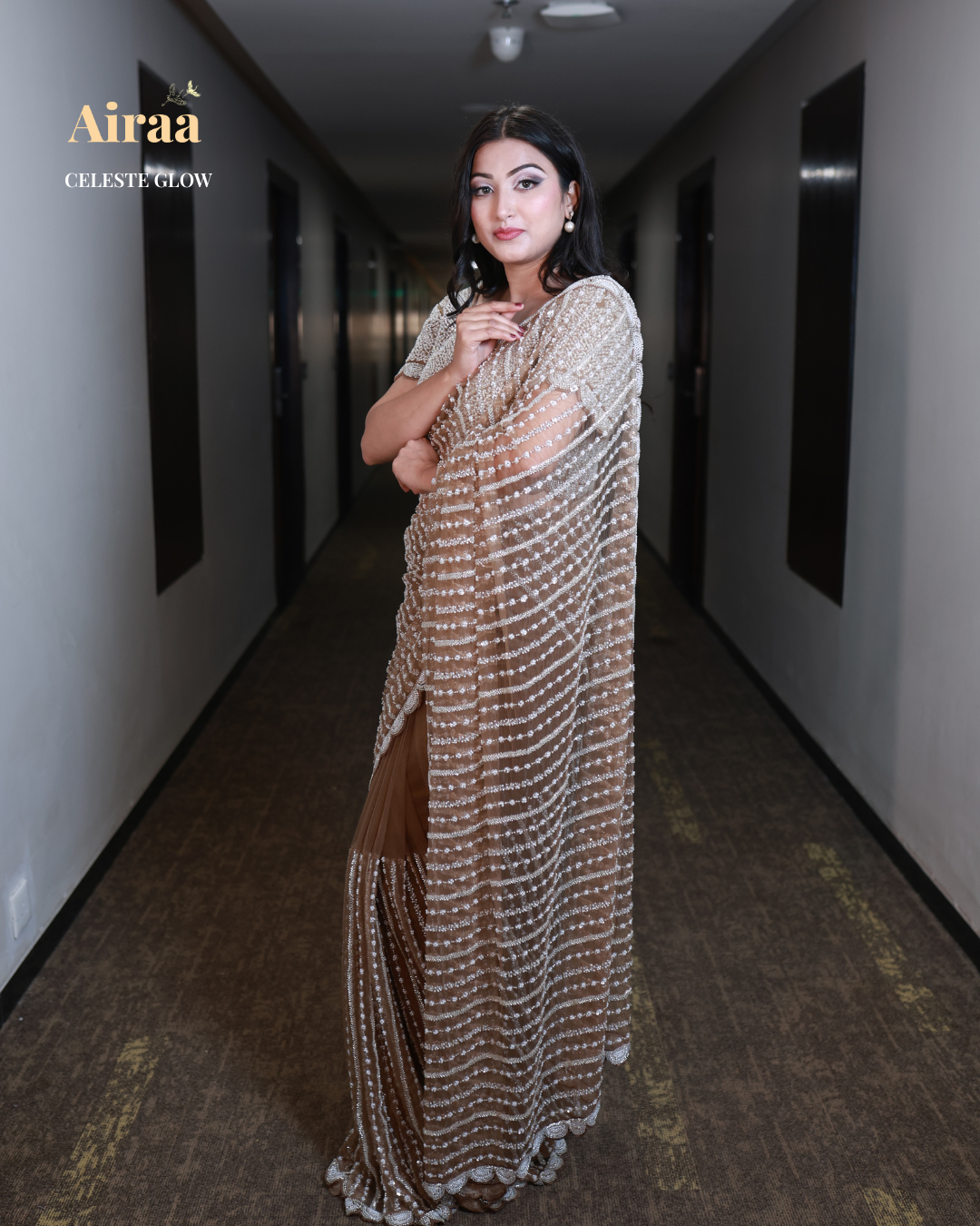 Celeste Glow – Handcrafted Pearl Embellished Saree from the Airaa Collection