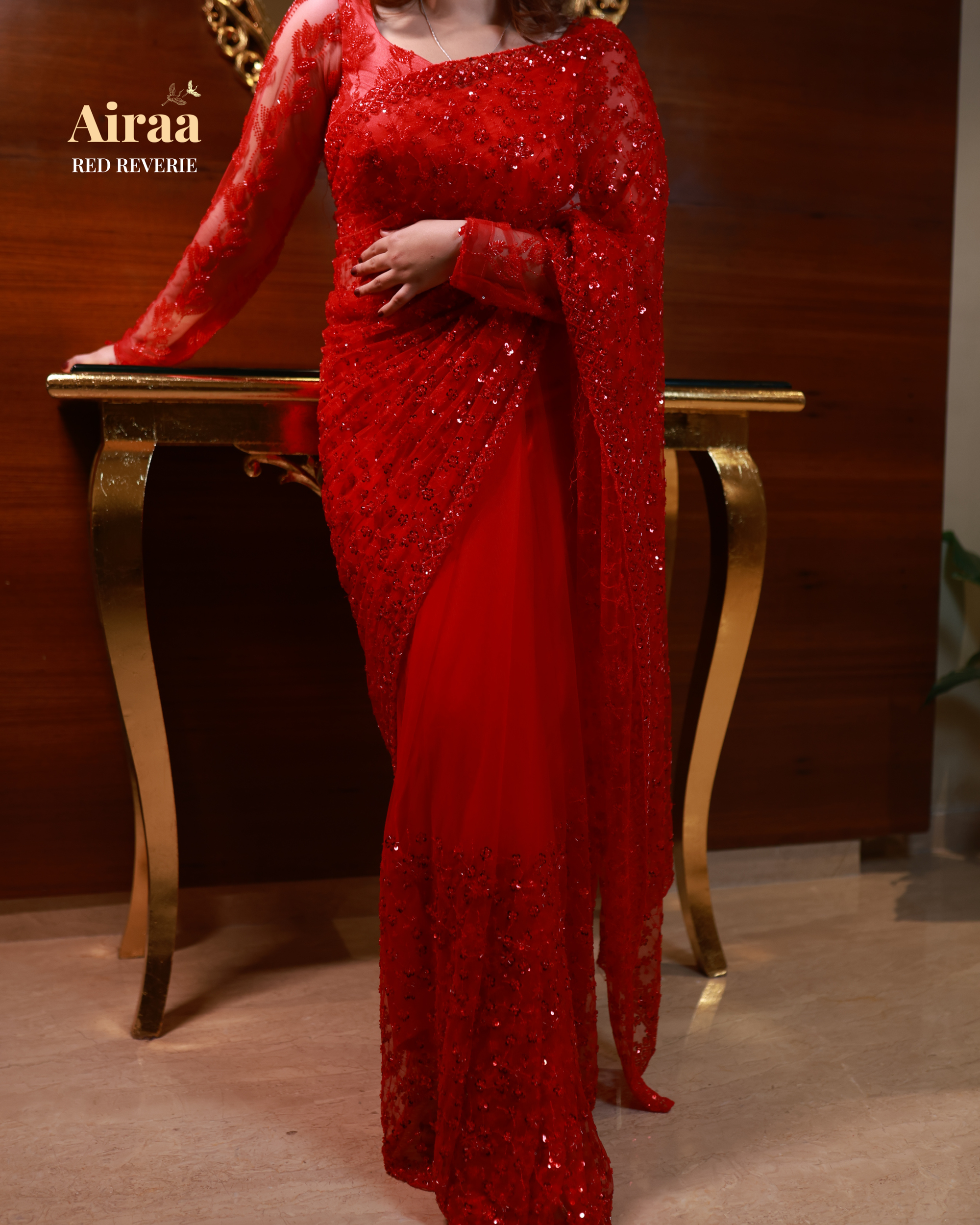 Red Reverie – Handcrafted Sequin Pre-Draped Saree from the Airaa Collection